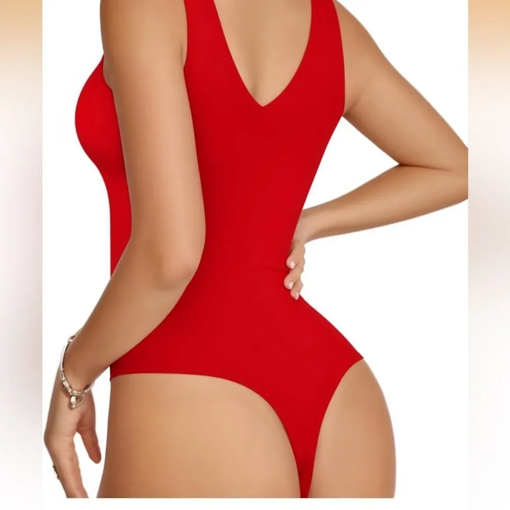 V-neck Tank Top Bodysuit Sexy Thong Double Lined Body Suit Sleeveless Backless - Picture 3 of 5